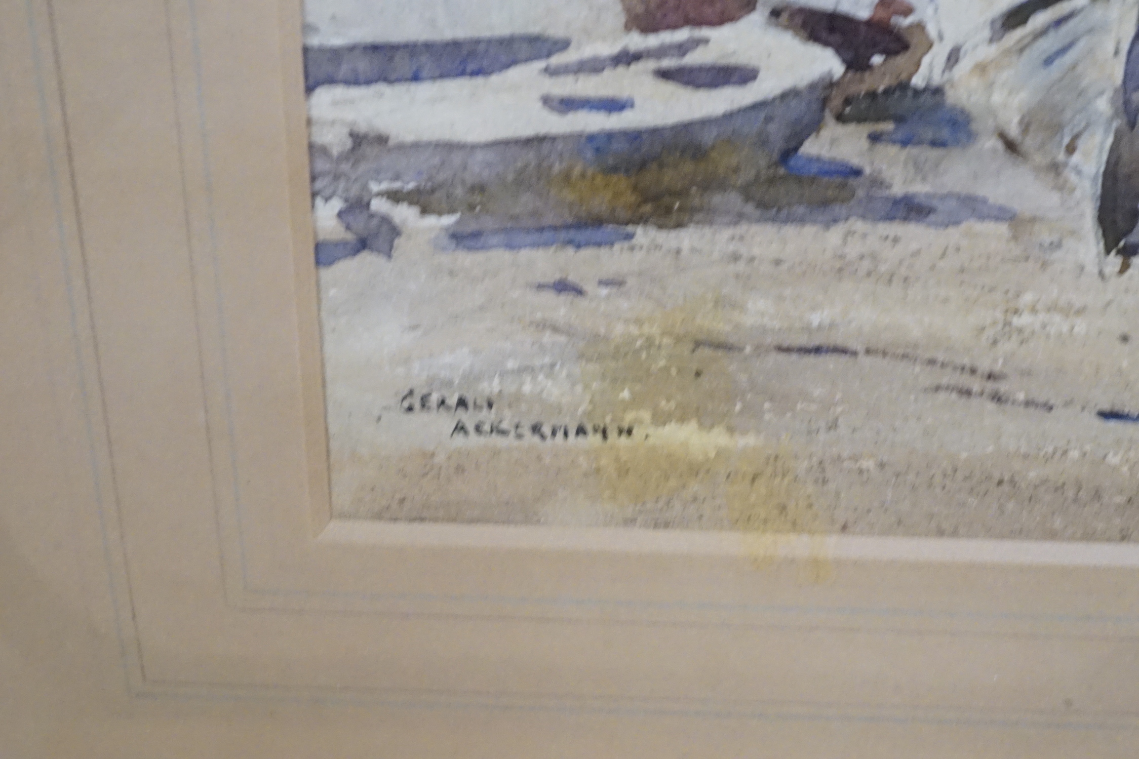 Gerald Ackermann RI (British, 1876-1960), watercolour, 'Misty morning Blakeney Quay', signed with Fine Art Society label verso, 24 x 35cm